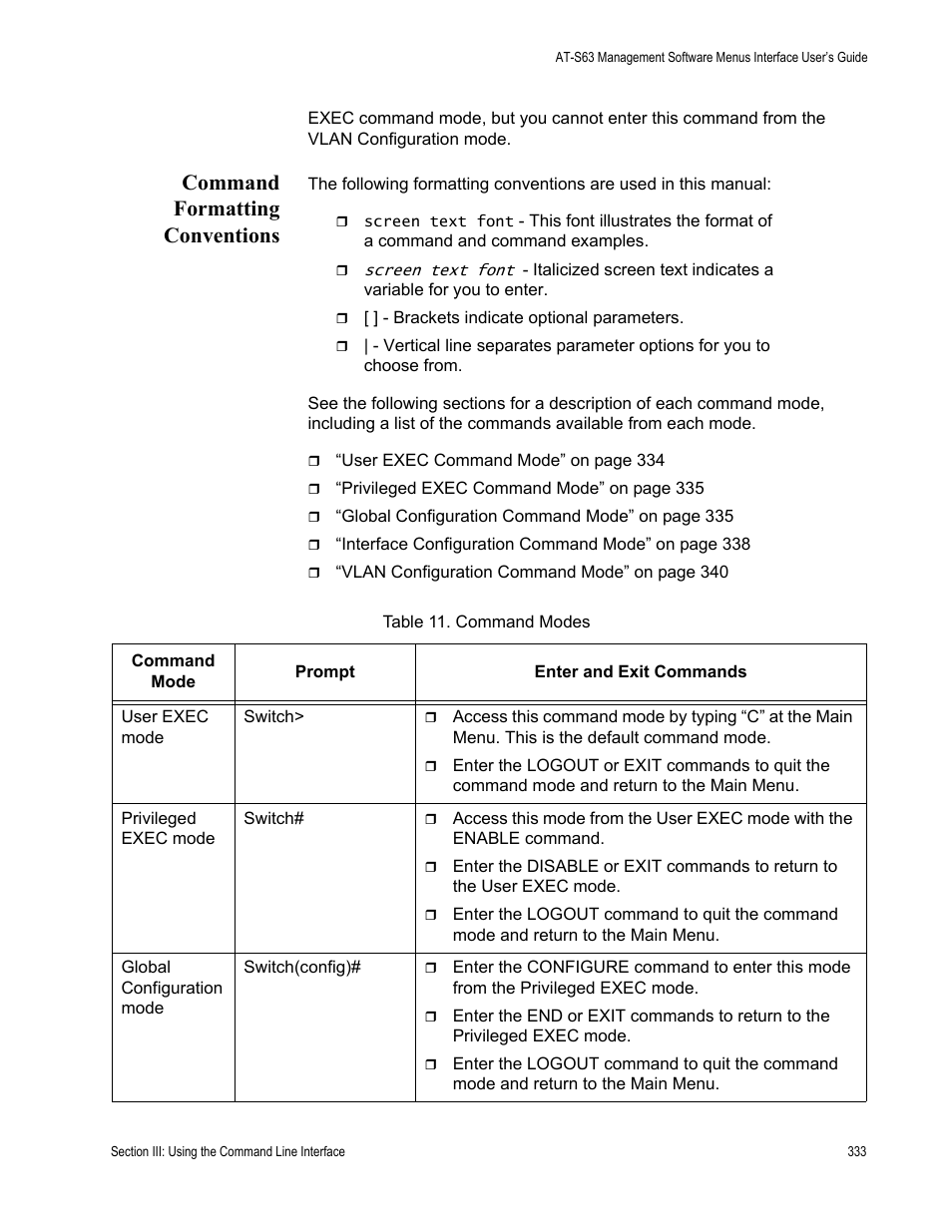 Command formatting conventions, Table 11. command modes | Allied Telesis AT 8000/8POE User Manual | Page 333 / 360