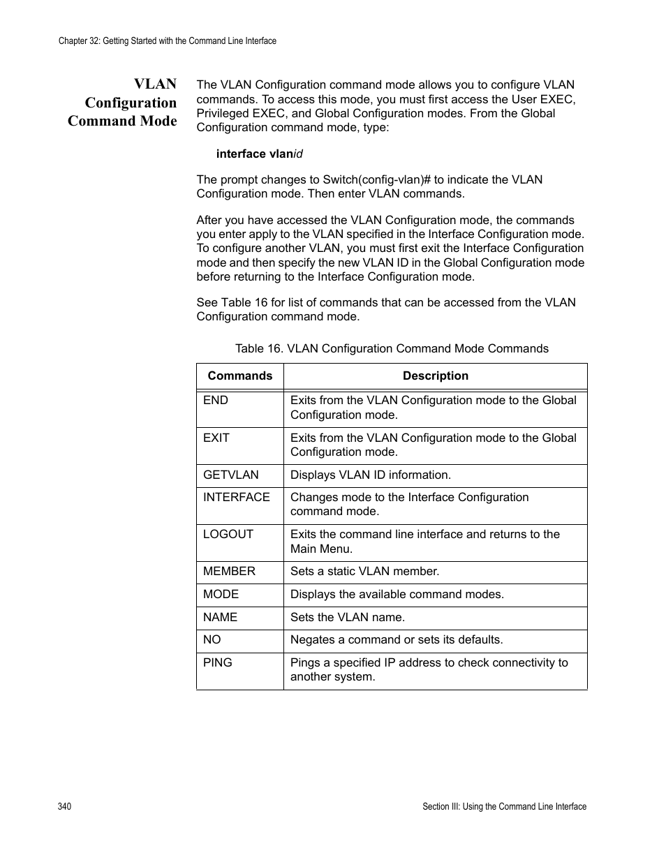 Vlan configuration command mode, Table 16. vlan configuration command mode commands | Allied Telesis AT 8000/8POE User Manual | Page 340 / 360