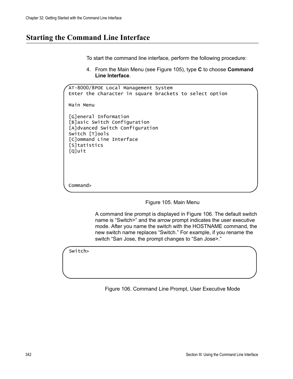 Starting the command line interface, Figure 105. main menu, Command line prompt, user executive mode | Allied Telesis AT 8000/8POE User Manual | Page 342 / 360