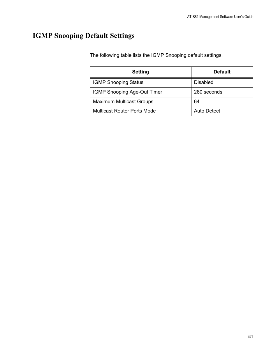 Igmp snooping default settings | Allied Telesis AT 8000/8POE User Manual | Page 351 / 360