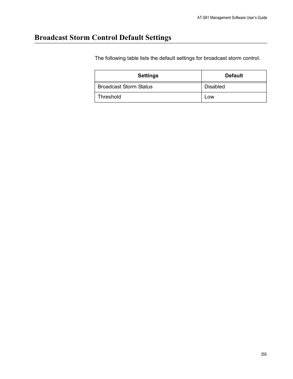 Broadcast storm control default settings | Allied Telesis AT 8000/8POE User Manual | Page 355 / 360