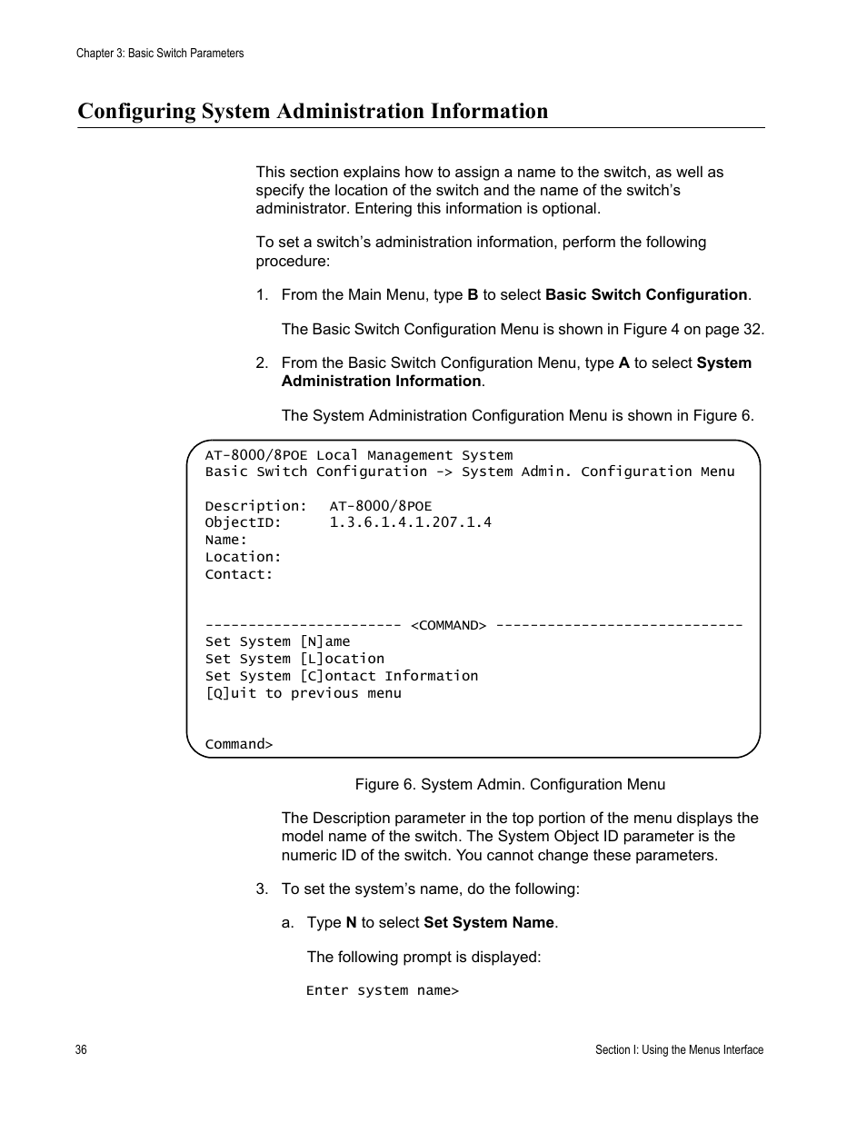 Configuring system administration information, Figure 6. system admin. configuration menu | Allied Telesis AT 8000/8POE User Manual | Page 36 / 360