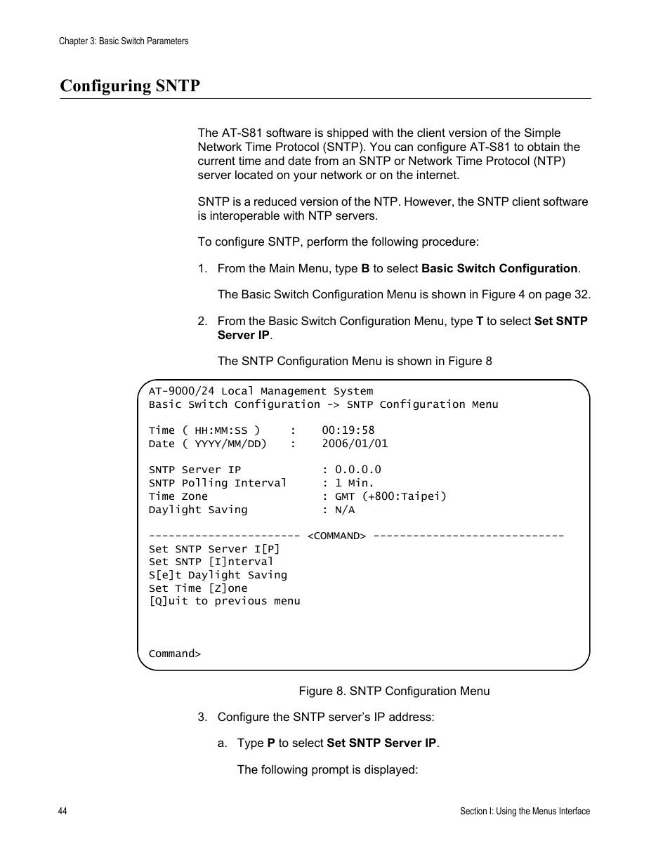 Configuring sntp, Figure 8. sntp configuration menu | Allied Telesis AT 8000/8POE User Manual | Page 44 / 360