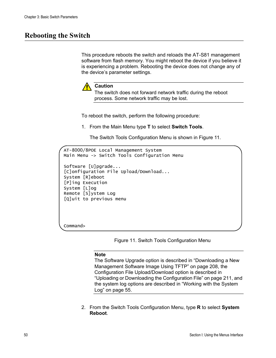 Rebooting the switch, Figure 11. switch tools configuration menu | Allied Telesis AT 8000/8POE User Manual | Page 50 / 360