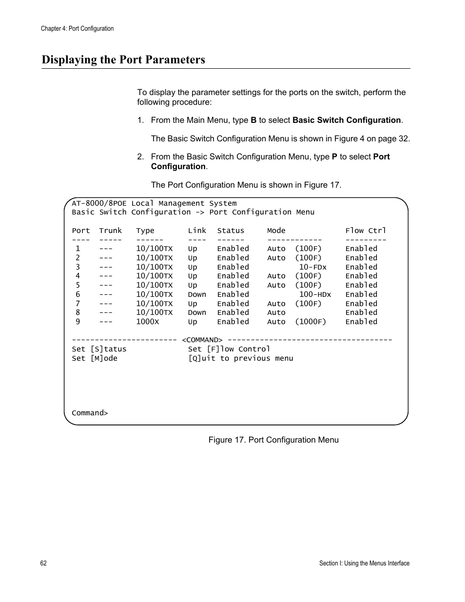 Displaying the port parameters, Figure 17. port configuration menu | Allied Telesis AT 8000/8POE User Manual | Page 62 / 360