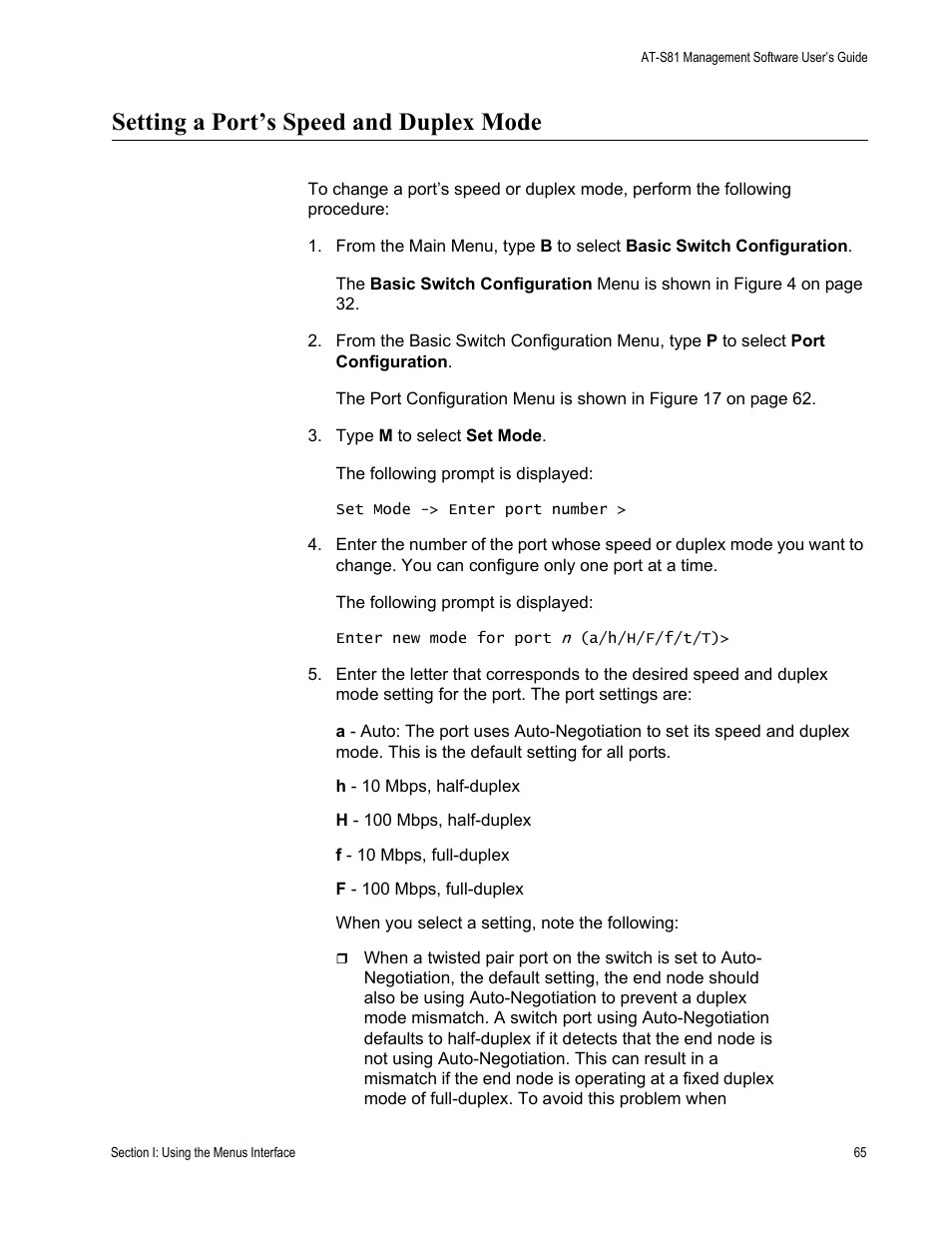 Setting a port’s speed and duplex mode | Allied Telesis AT 8000/8POE User Manual | Page 65 / 360