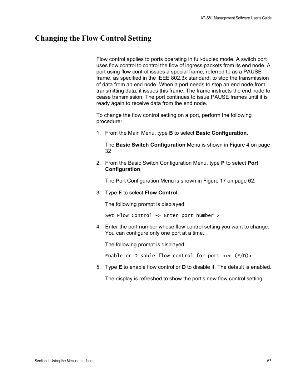 Changing the flow control setting | Allied Telesis AT 8000/8POE User Manual | Page 67 / 360