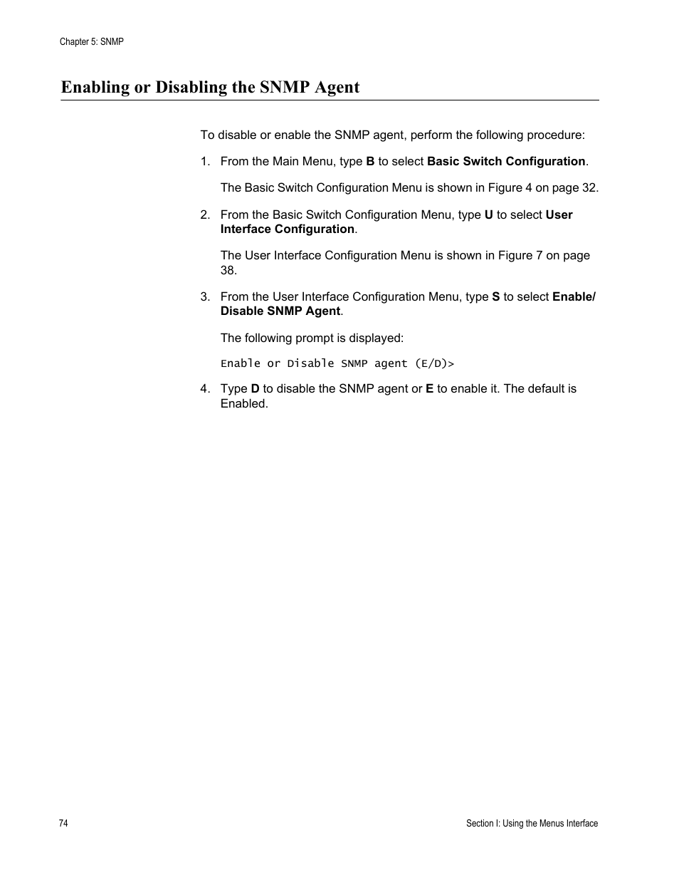 Enabling or disabling the snmp agent | Allied Telesis AT 8000/8POE User Manual | Page 74 / 360