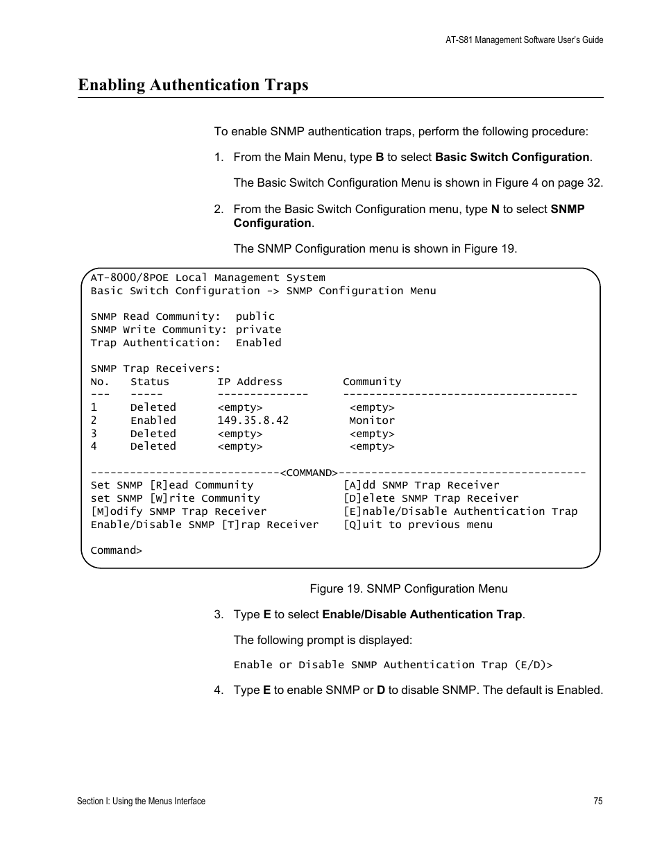 Enabling authentication traps, Figure 19. snmp configuration menu | Allied Telesis AT 8000/8POE User Manual | Page 75 / 360