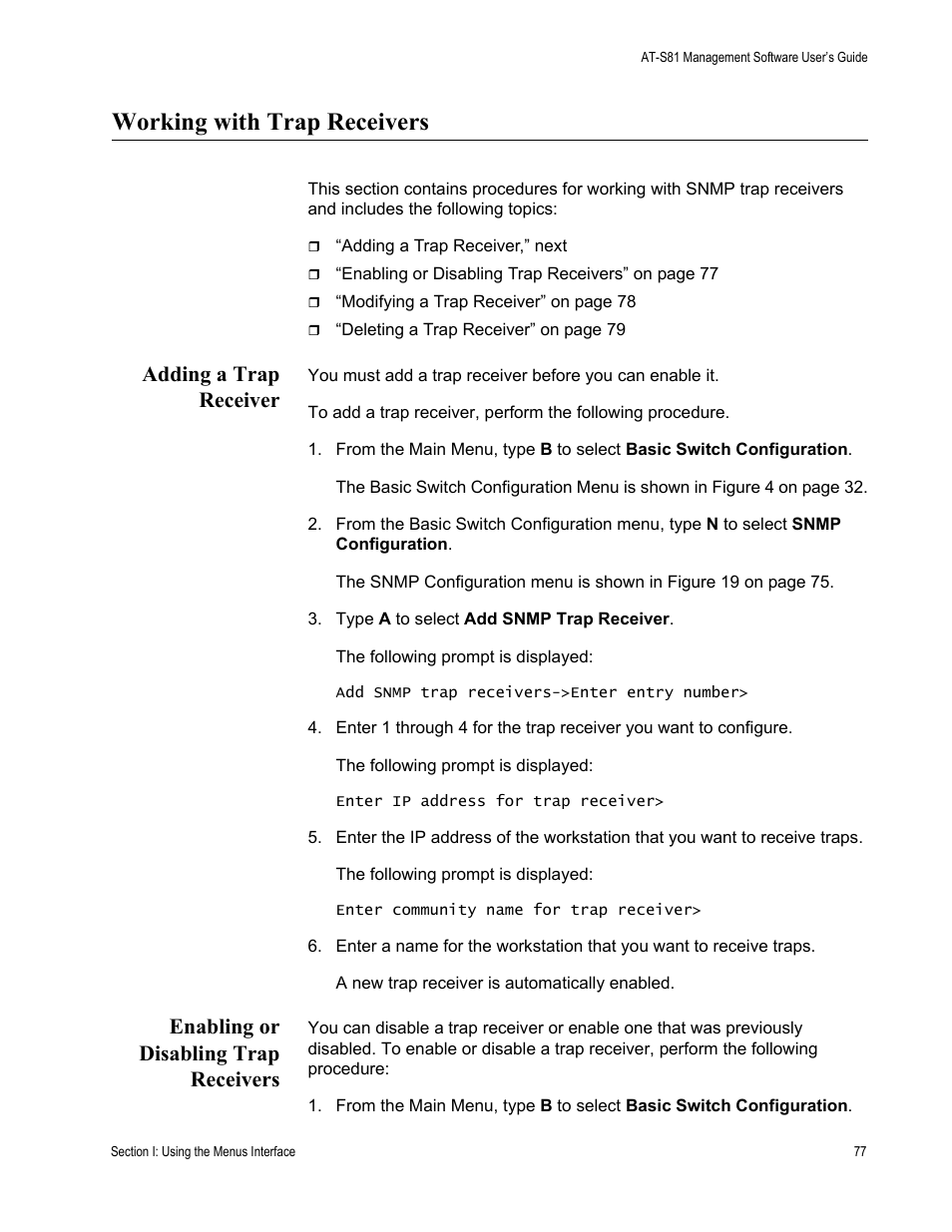 Working with trap receivers, Adding a trap receiver, Enabling or disabling trap receivers | Allied Telesis AT 8000/8POE User Manual | Page 77 / 360
