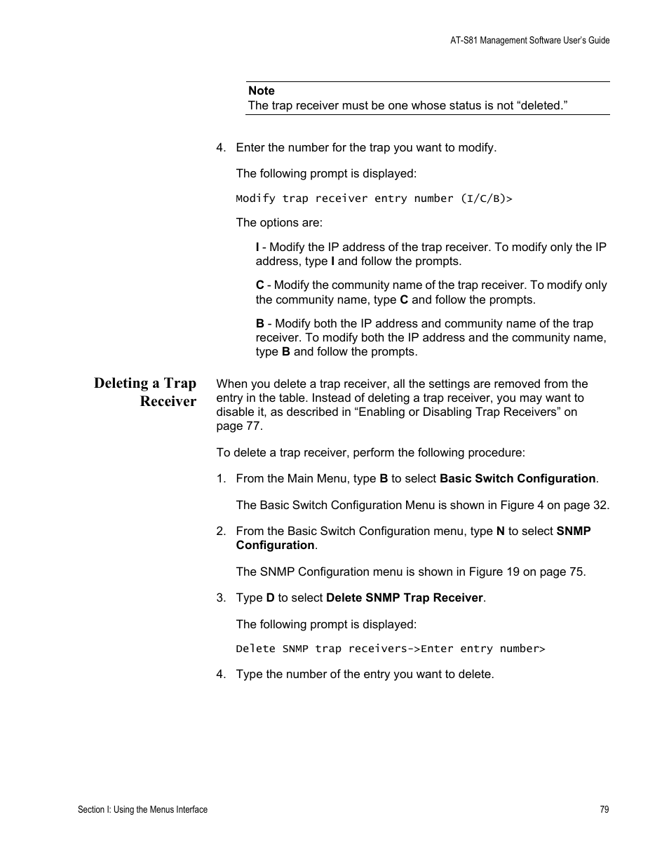 Deleting a trap receiver | Allied Telesis AT 8000/8POE User Manual | Page 79 / 360