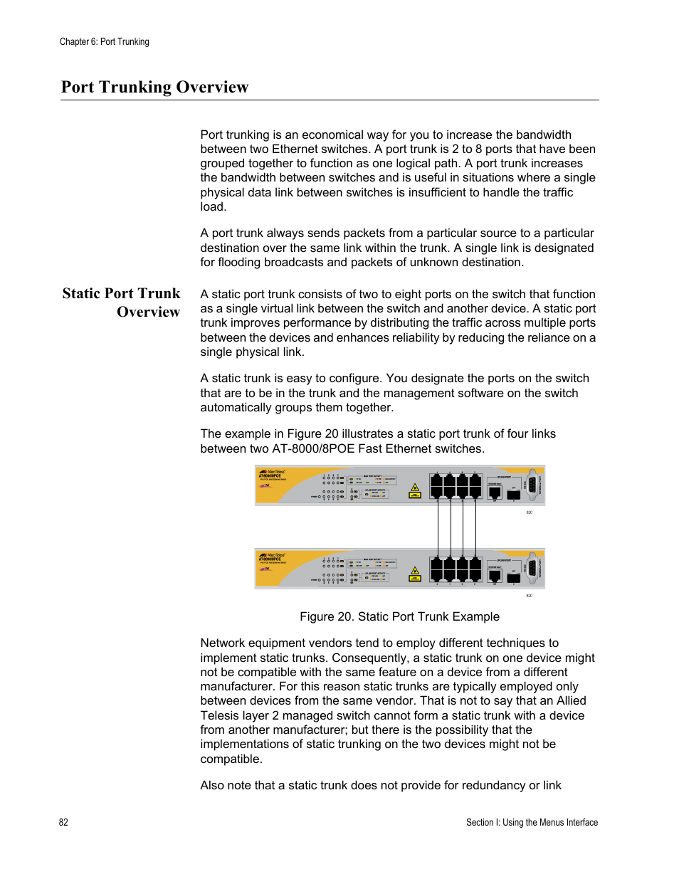 Port trunking overview, Static port trunk overview, Figure 20. static port trunk example | Allied Telesis AT 8000/8POE User Manual | Page 82 / 360