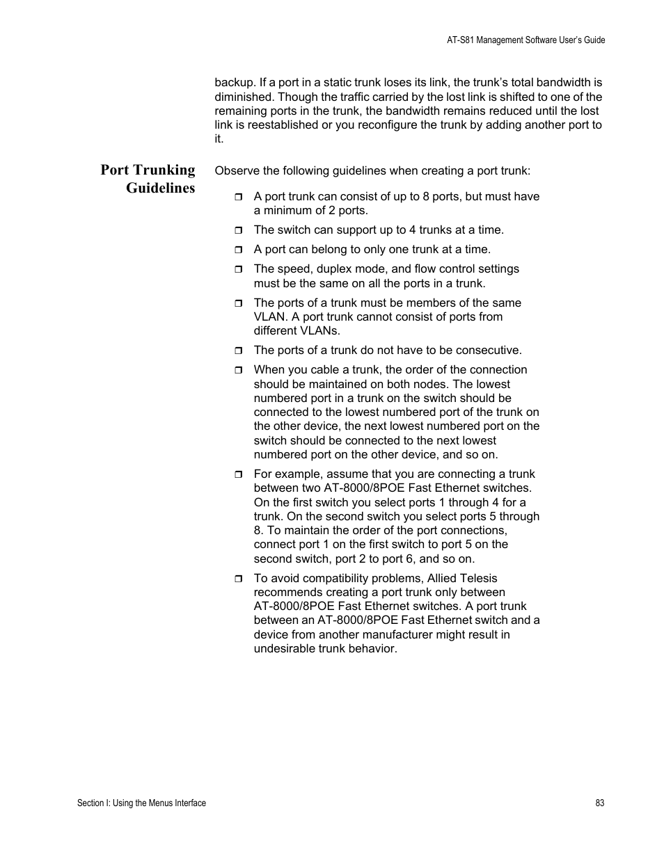 Port trunking guidelines | Allied Telesis AT 8000/8POE User Manual | Page 83 / 360