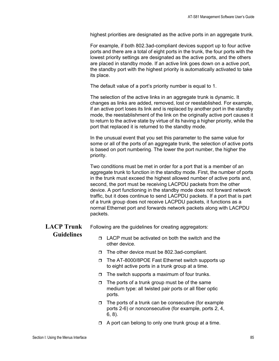 Lacp trunk guidelines | Allied Telesis AT 8000/8POE User Manual | Page 85 / 360
