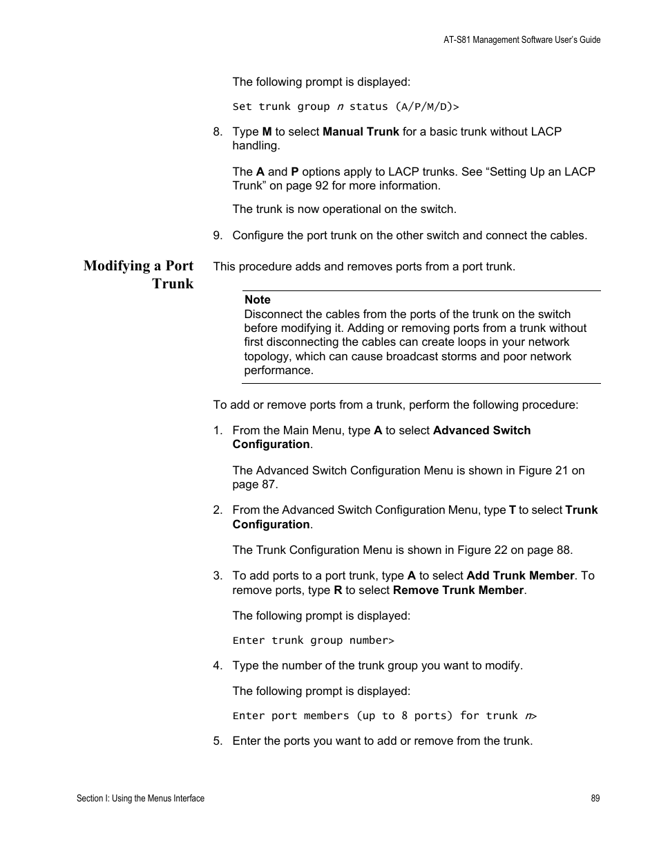 Modifying a port trunk | Allied Telesis AT 8000/8POE User Manual | Page 89 / 360