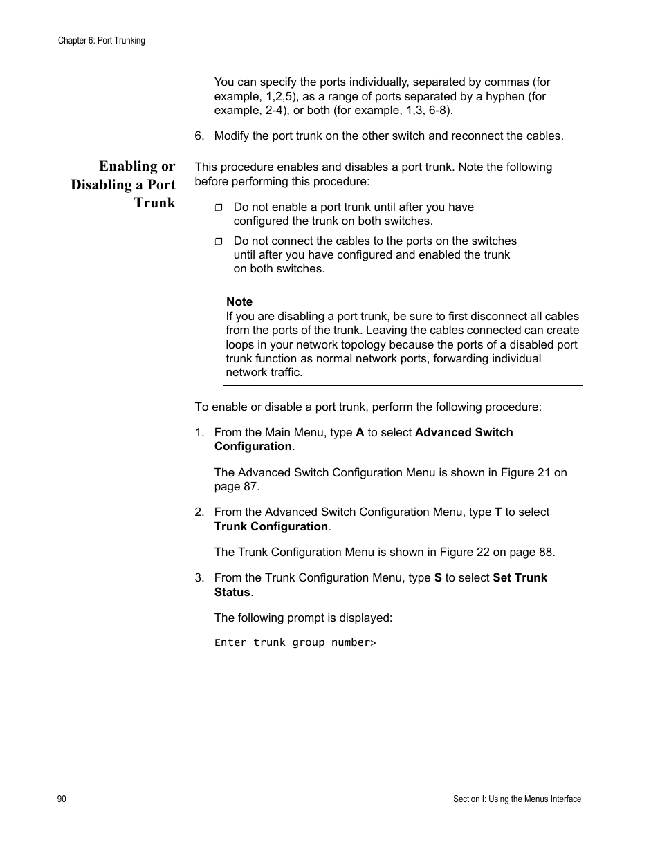 Enabling or disabling a port trunk | Allied Telesis AT 8000/8POE User Manual | Page 90 / 360