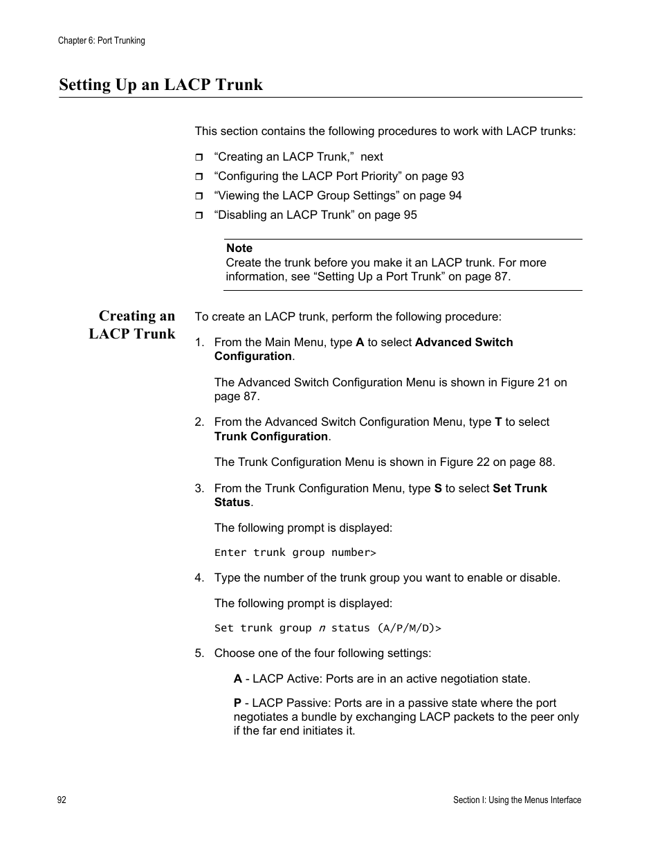 Setting up an lacp trunk, Creating an lacp trunk | Allied Telesis AT 8000/8POE User Manual | Page 92 / 360