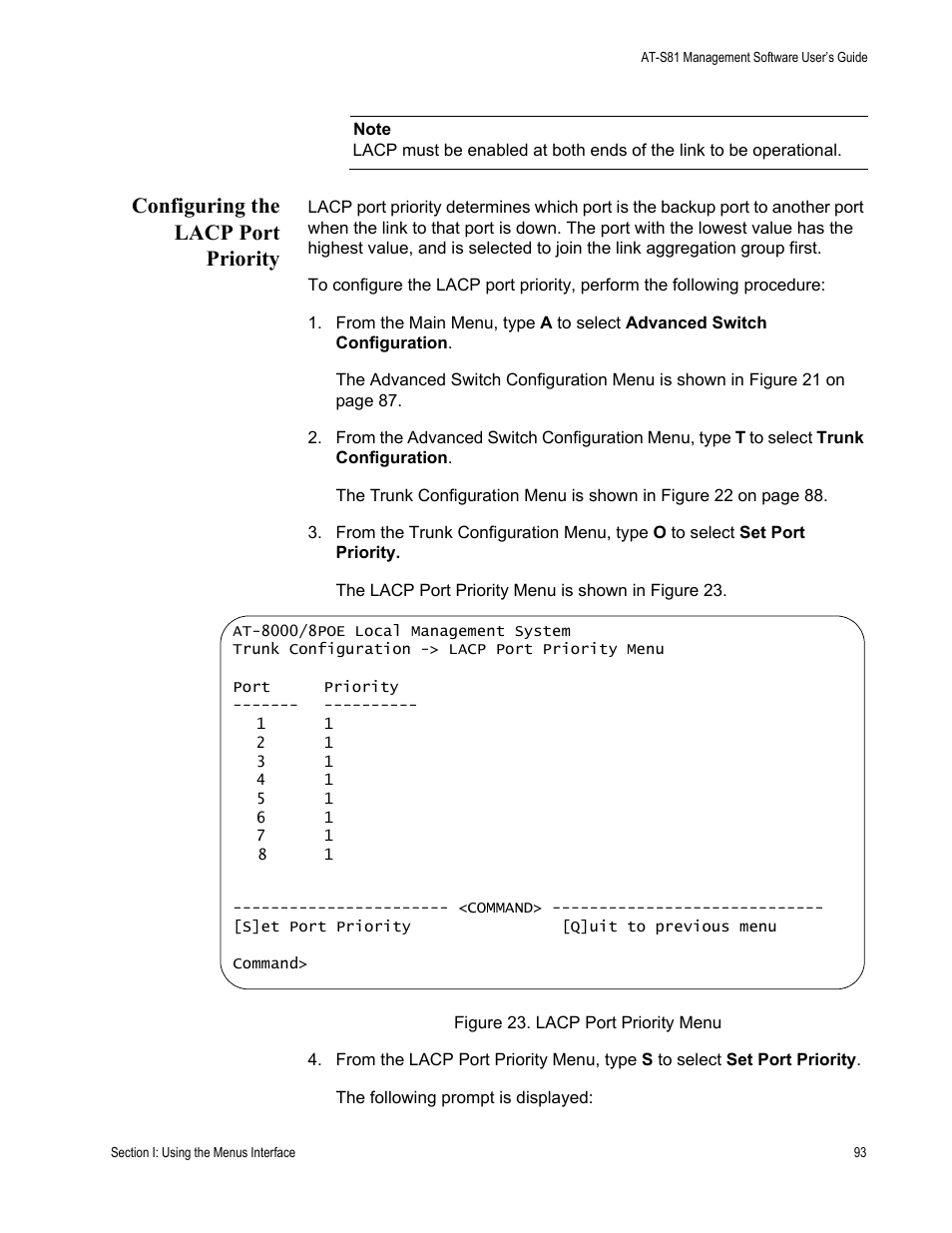 Configuring the lacp port priority, Figure 23. lacp port priority menu | Allied Telesis AT 8000/8POE User Manual | Page 93 / 360