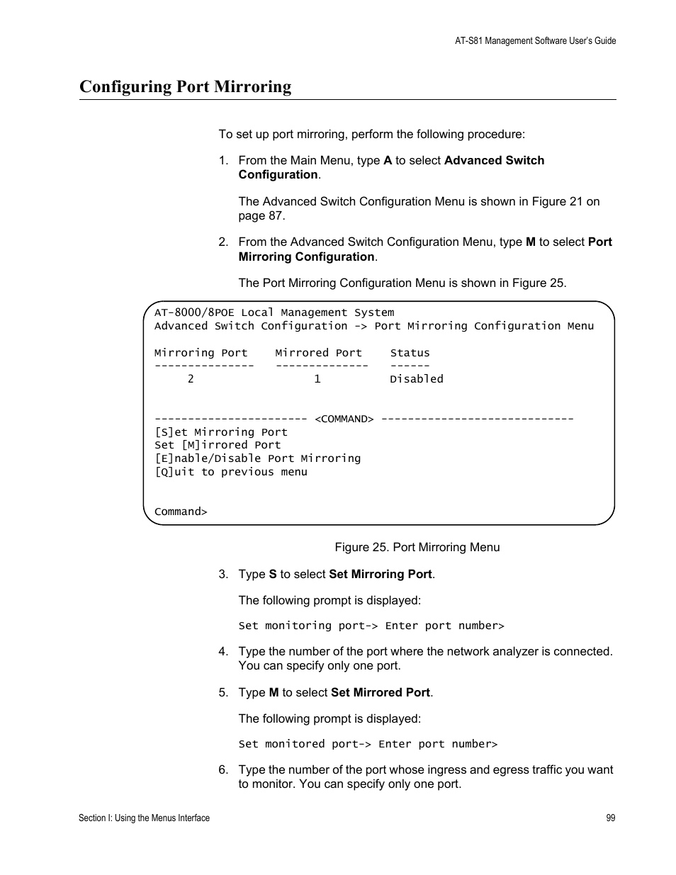 Configuring port mirroring, Figure 25. port mirroring menu | Allied Telesis AT 8000/8POE User Manual | Page 99 / 360
