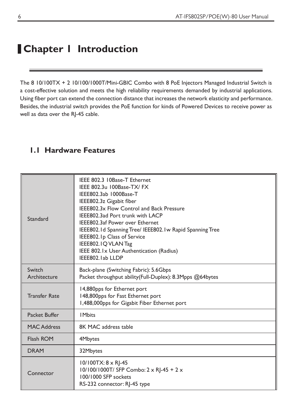 Chapter 1 introduction, 1 hardware features | Allied Telesis AT-IFS802SP/POE User Manual | Page 10 / 105