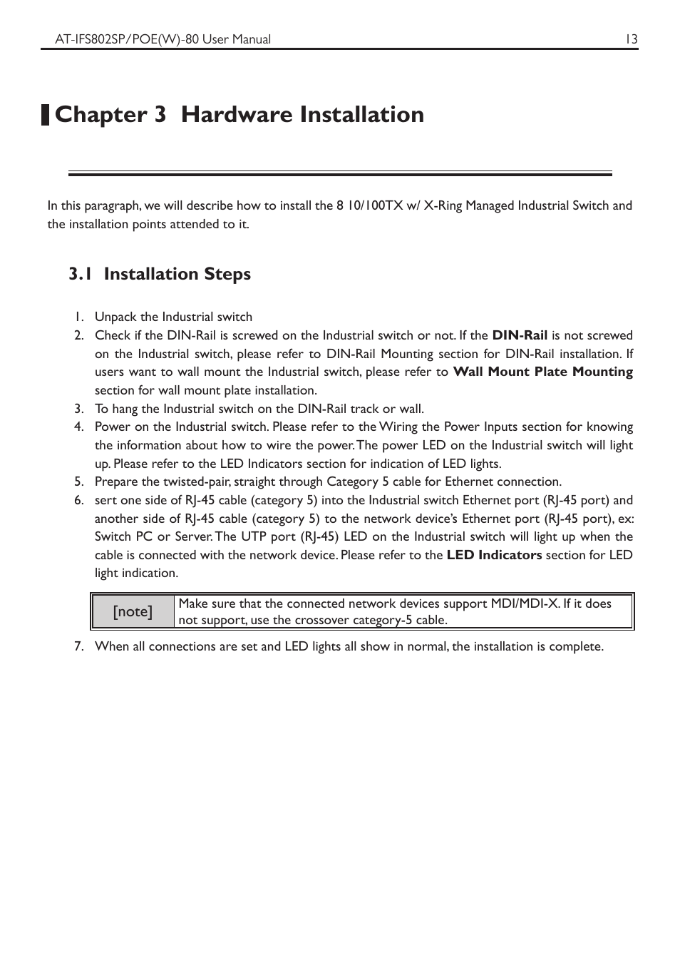 Chapter 3 hardware installation, 1 installation steps | Allied Telesis AT-IFS802SP/POE User Manual | Page 17 / 105