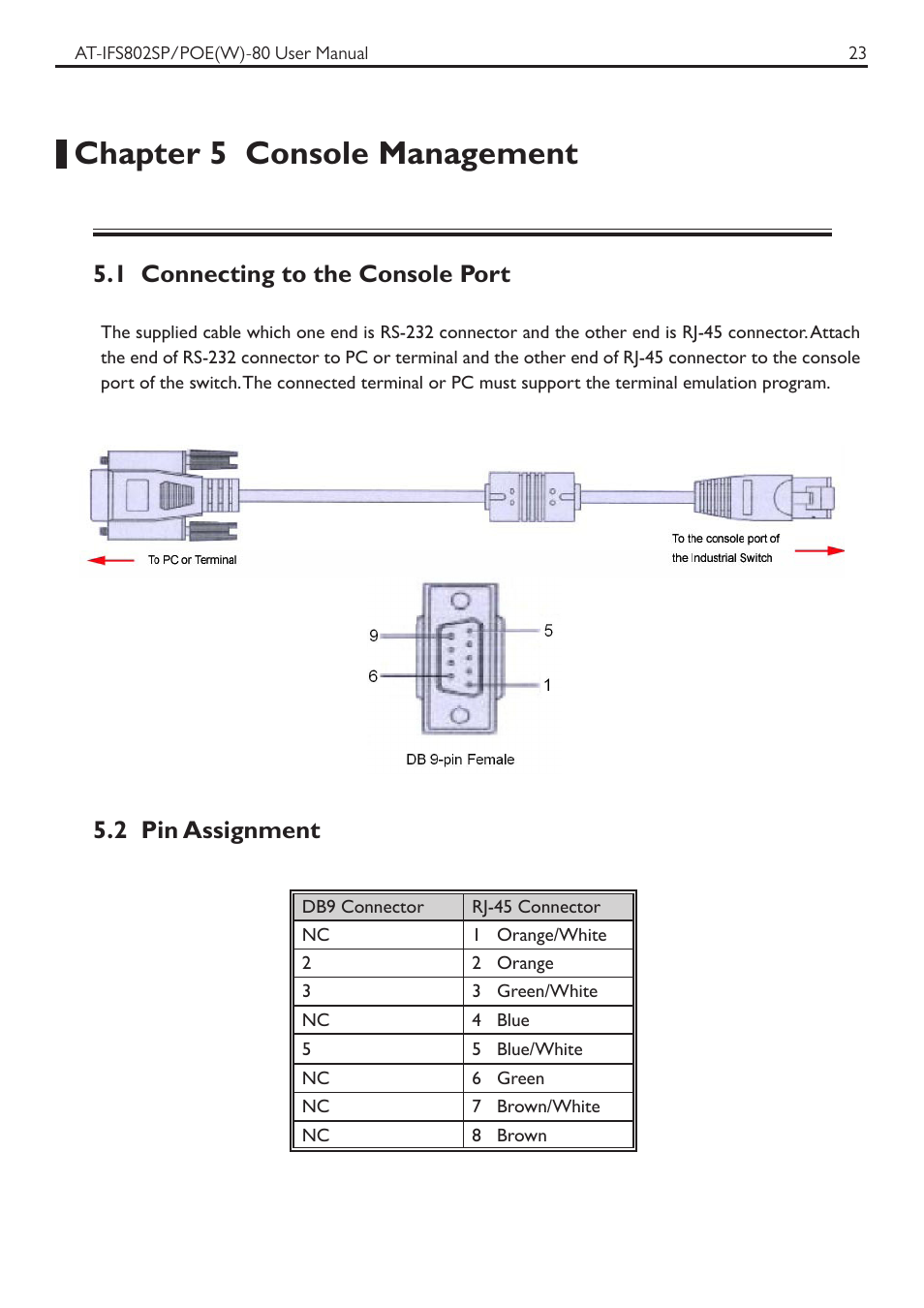 Chapter 5 console management, 1 connecting to the console port, 2 pin assignment | Allied Telesis AT-IFS802SP/POE User Manual | Page 27 / 105