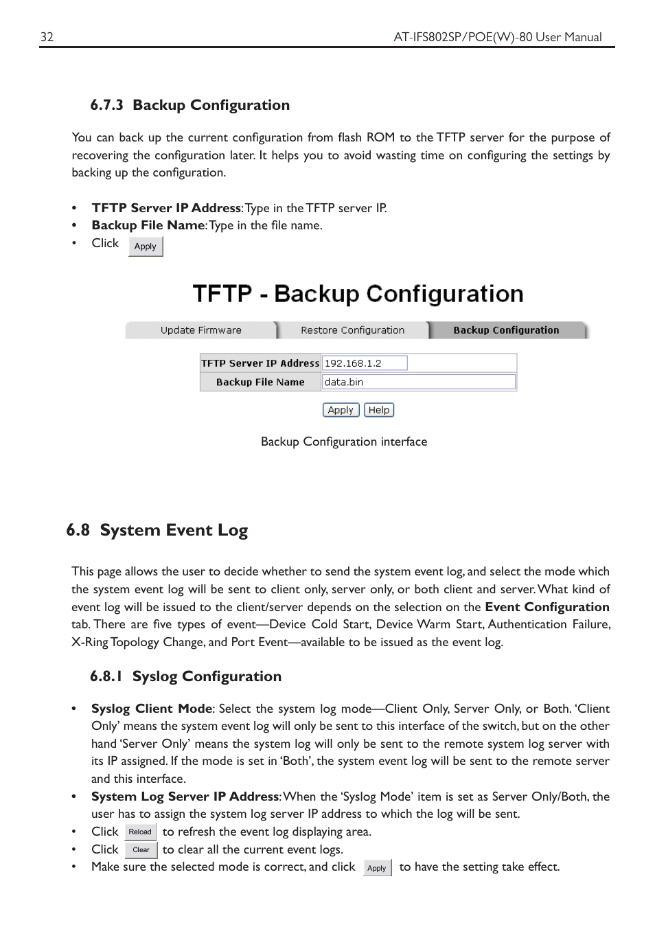 8 system event log, 3 backup configuration, 1 syslog configuration | Allied Telesis AT-IFS802SP/POE User Manual | Page 36 / 105