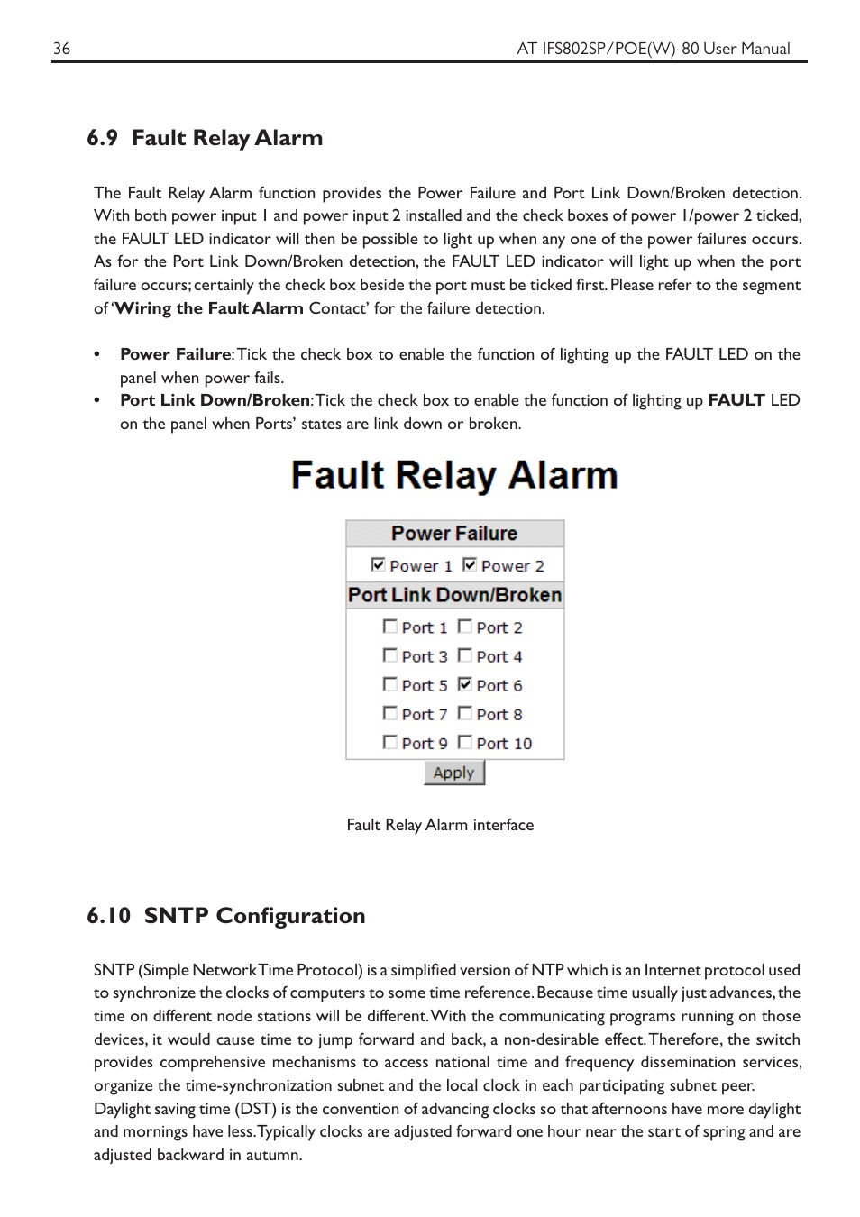 9 fault relay alarm, 10 sntp configuration | Allied Telesis AT-IFS802SP/POE User Manual | Page 40 / 105
