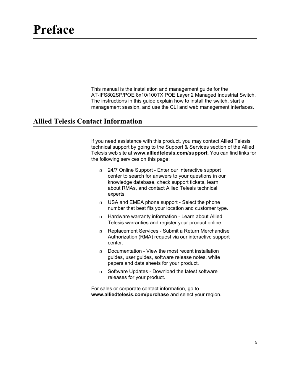 Preface, Allied telesis contact information | Allied Telesis AT-IFS802SP/POE User Manual | Page 5 / 105