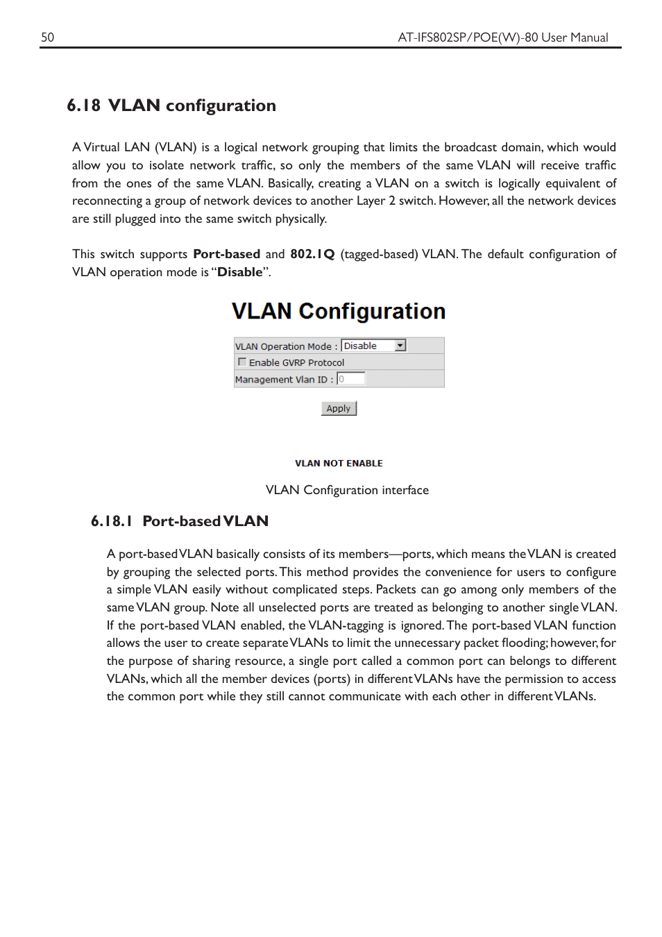 18 vlan configuration | Allied Telesis AT-IFS802SP/POE User Manual | Page 54 / 105