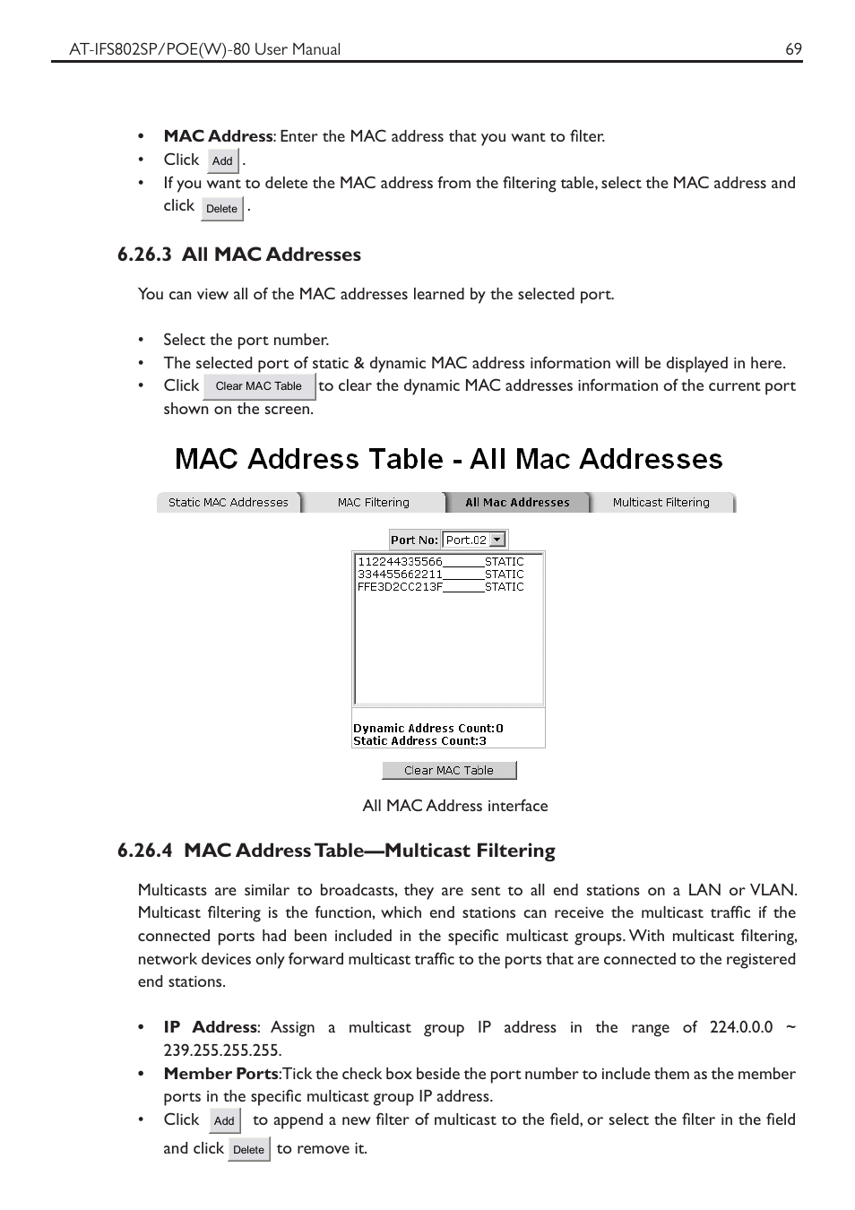 3 all mac addresses, 4 mac address table—multicast filtering | Allied Telesis AT-IFS802SP/POE User Manual | Page 73 / 105