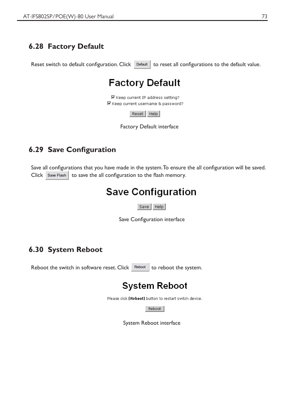28 factory default, 29 save configuration, 30 system reboot | Allied Telesis AT-IFS802SP/POE User Manual | Page 77 / 105