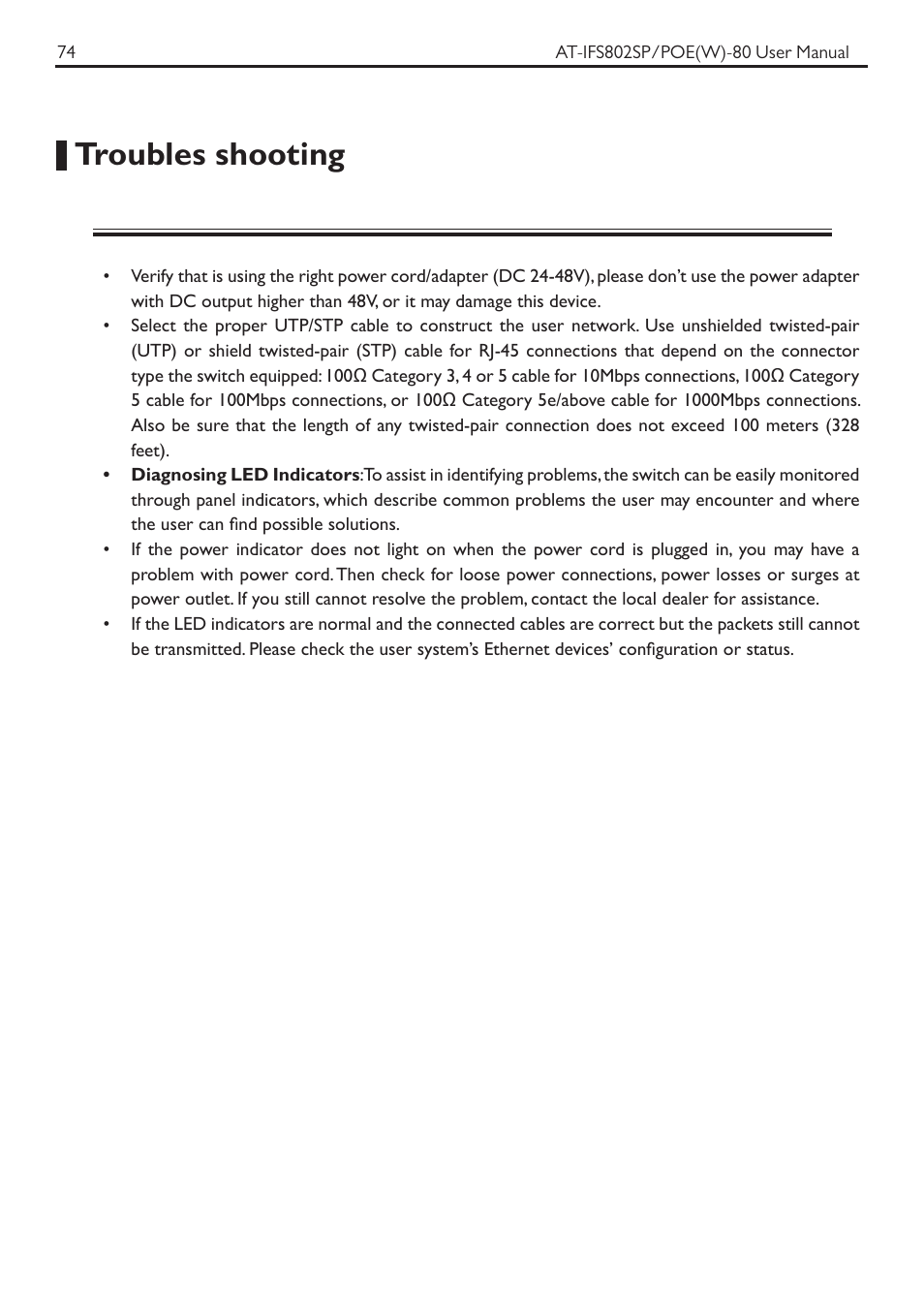 Troubles shooting | Allied Telesis AT-IFS802SP/POE User Manual | Page 78 / 105