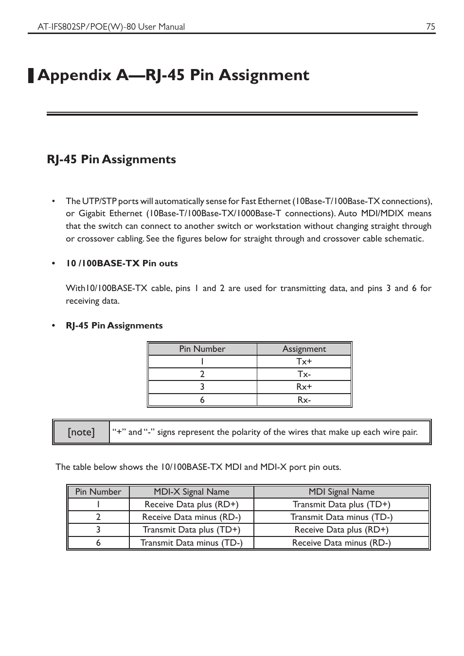 Appendix a—rj-45 pin assignment, Rj-45 pin assignments | Allied Telesis AT-IFS802SP/POE User Manual | Page 79 / 105
