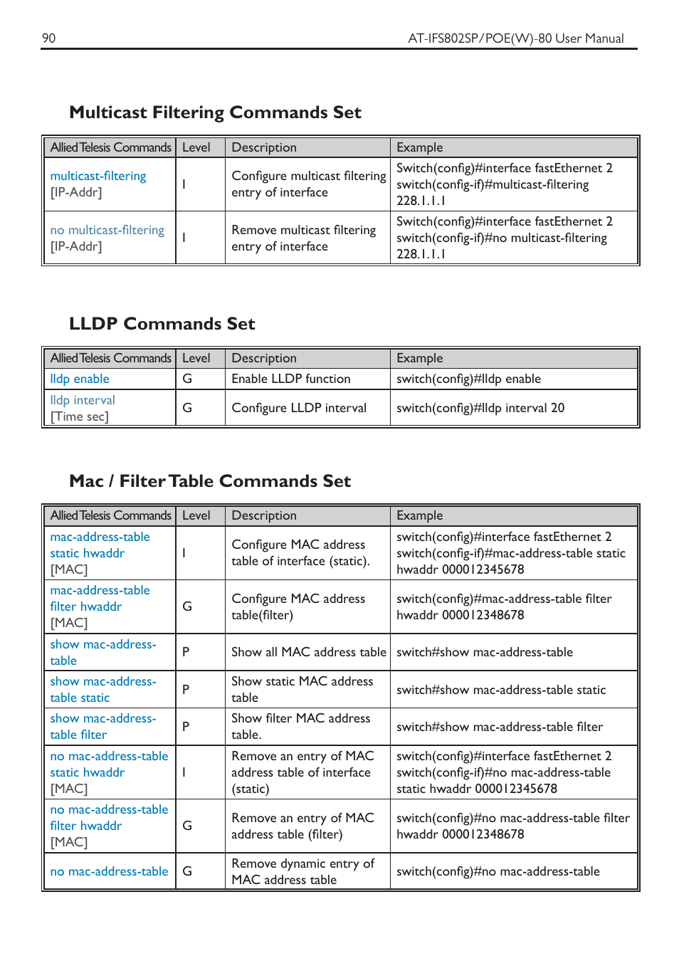 Mac / filter table commands set, Multicast filtering commands set, Lldp commands set | Allied Telesis AT-IFS802SP/POE User Manual | Page 94 / 105