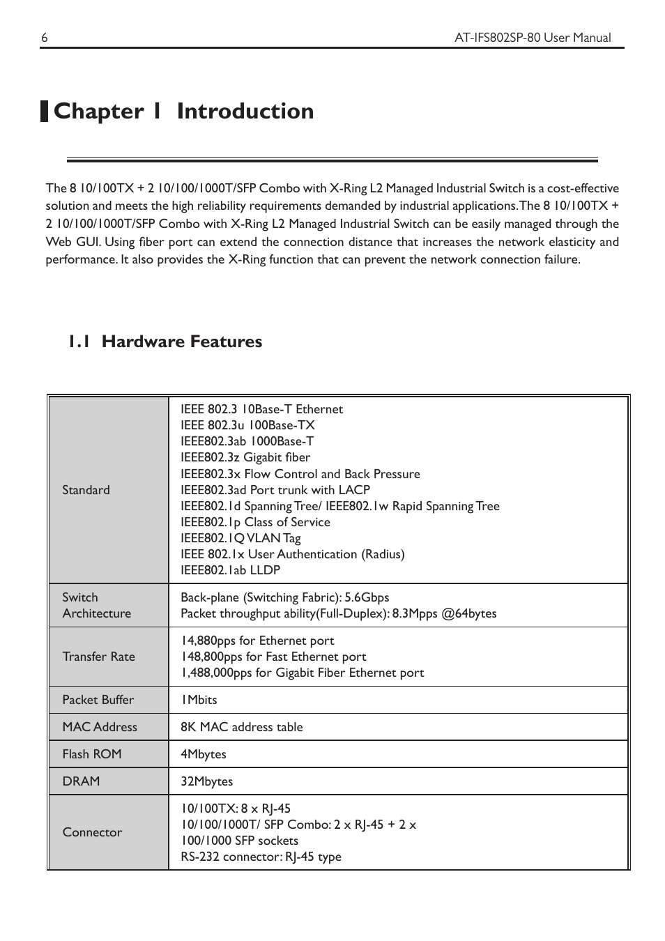 Chapter 1 introduction, 1 hardware features | Allied Telesis AT-IFS802SP User Manual | Page 10 / 101
