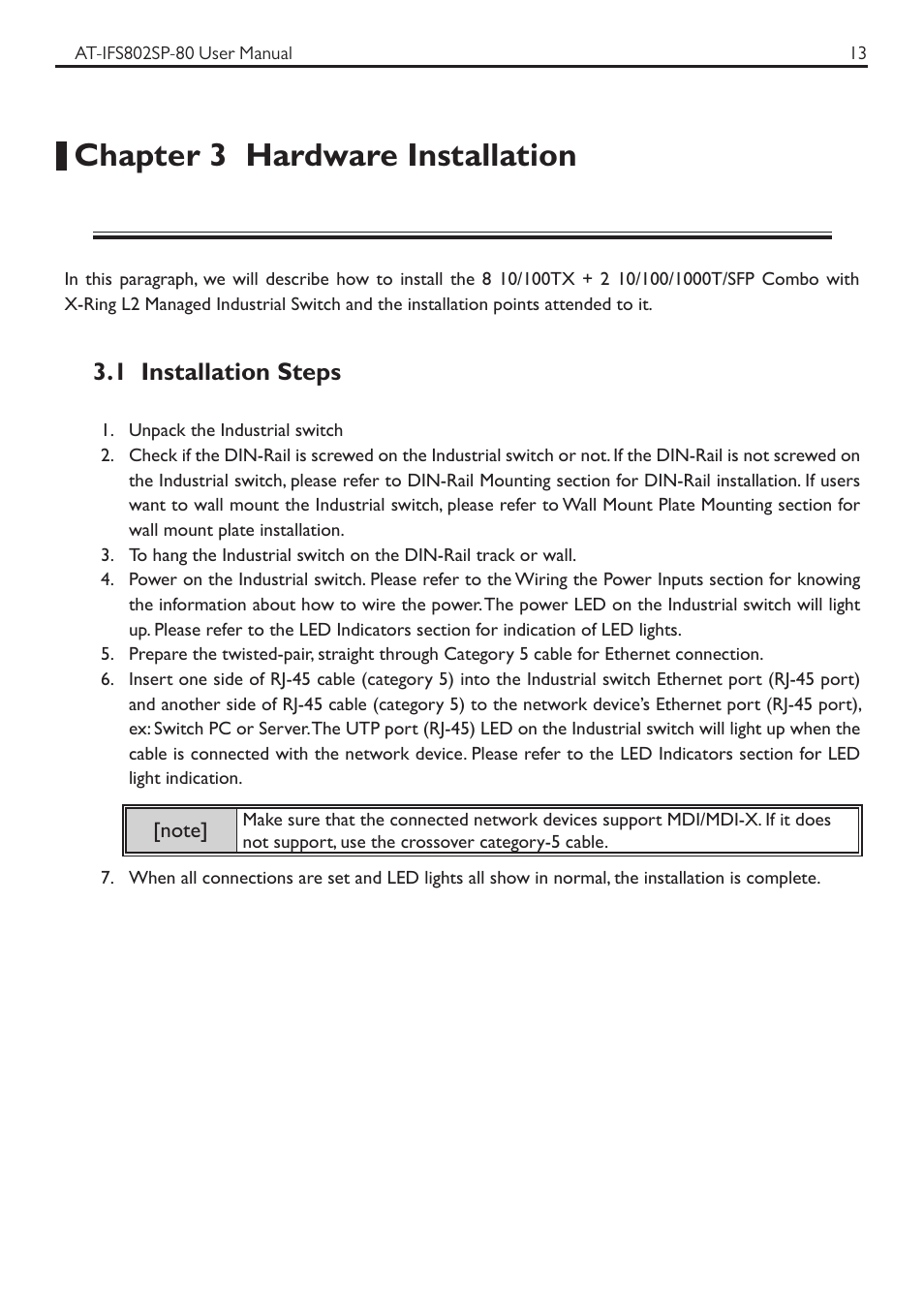 Chapter 3 hardware installation, 1 installation steps | Allied Telesis AT-IFS802SP User Manual | Page 17 / 101