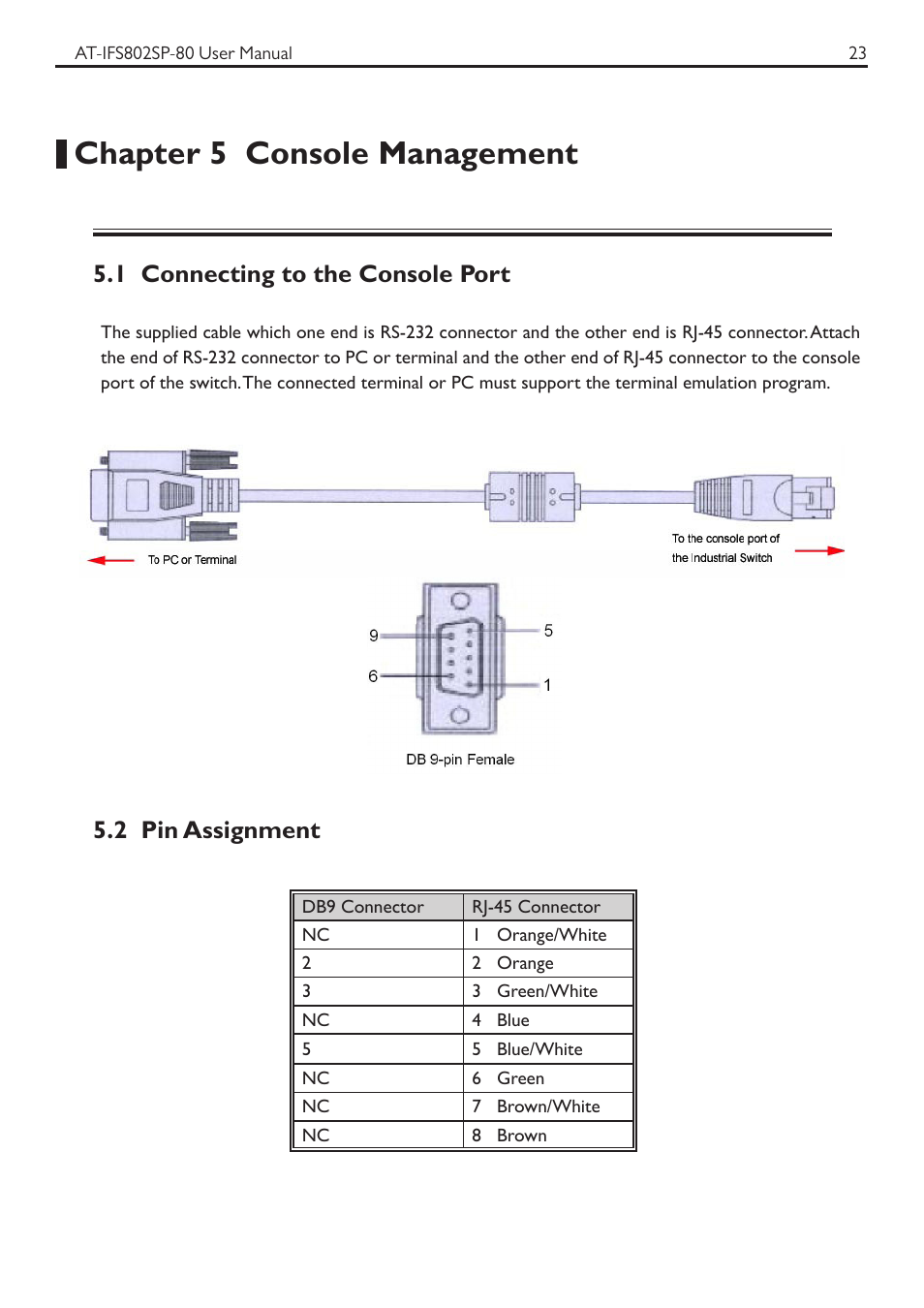 Chapter 5 console management, 1 connecting to the console port, 2 pin assignment | Allied Telesis AT-IFS802SP User Manual | Page 27 / 101