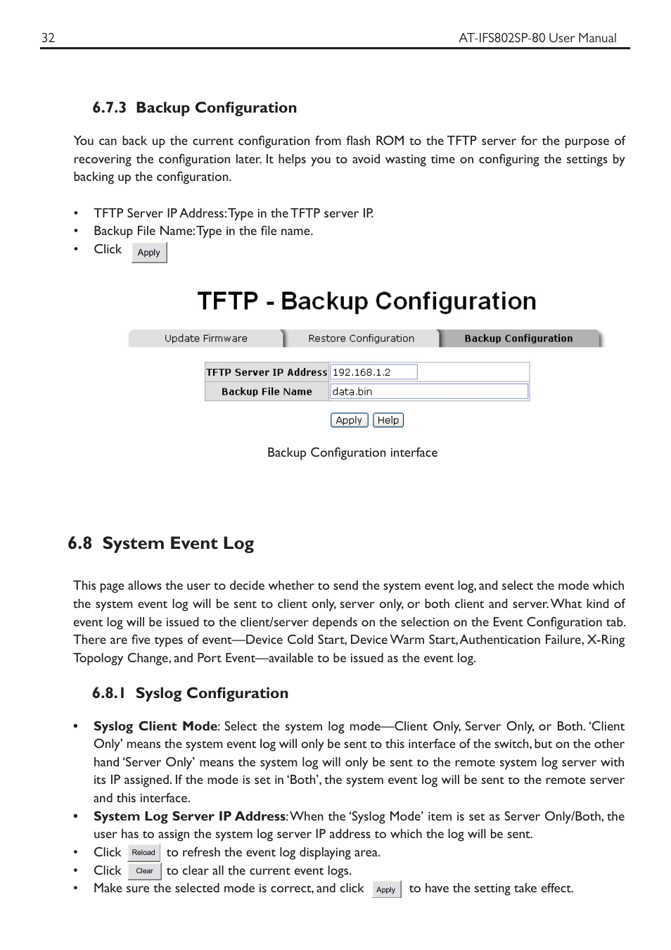 8 system event log, 3 backup configuration, 1 syslog configuration | Allied Telesis AT-IFS802SP User Manual | Page 36 / 101