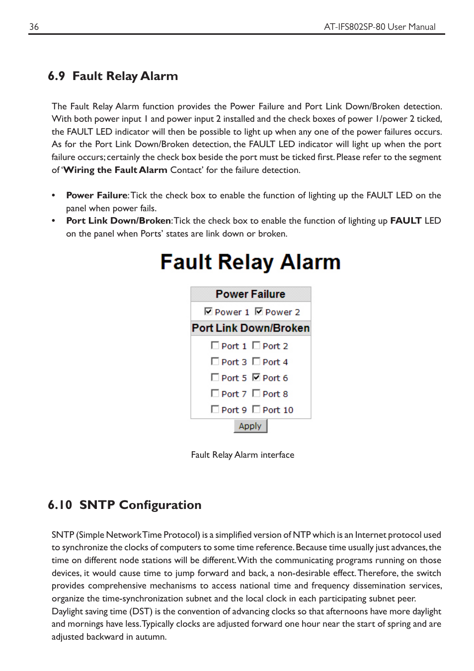 9 fault relay alarm, 10 sntp configuration | Allied Telesis AT-IFS802SP User Manual | Page 40 / 101