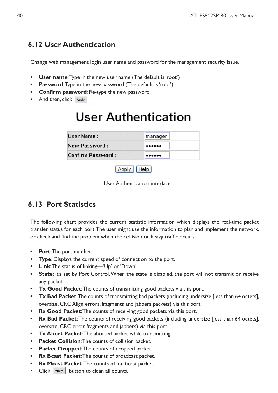 12 user authentication, 13 port statistics | Allied Telesis AT-IFS802SP User Manual | Page 44 / 101