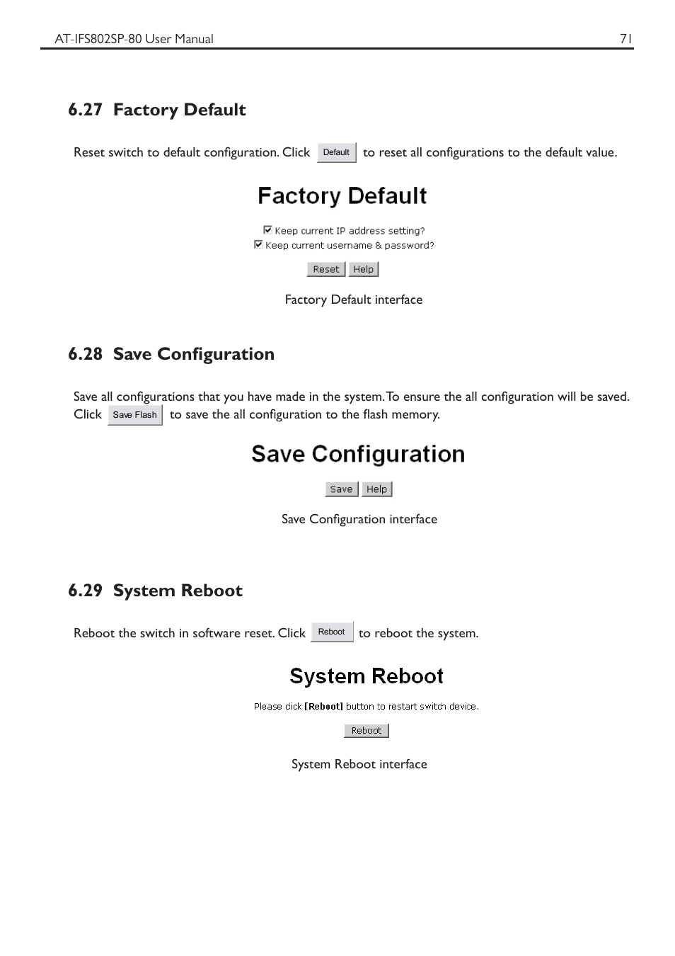 27 factory default, 28 save configuration, 29 system reboot | Allied Telesis AT-IFS802SP User Manual | Page 75 / 101