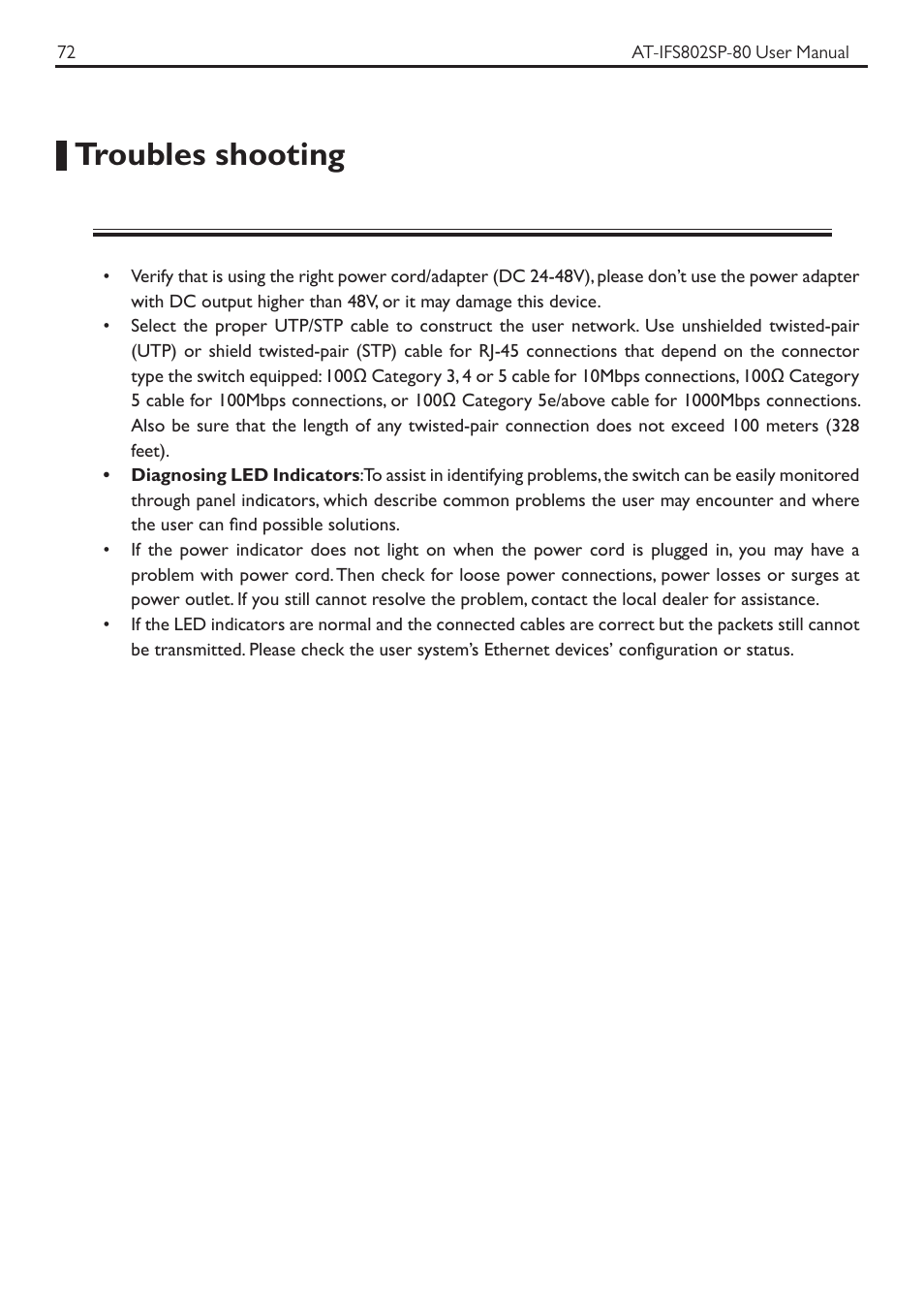 Troubles shooting | Allied Telesis AT-IFS802SP User Manual | Page 76 / 101