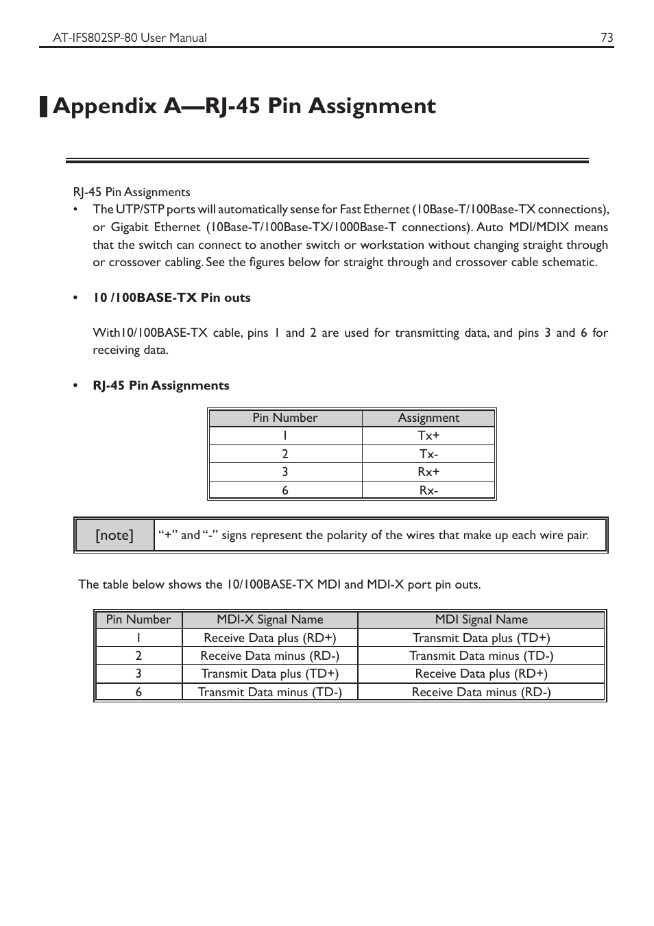 Appendix a—rj-45 pin assignment | Allied Telesis AT-IFS802SP User Manual | Page 77 / 101