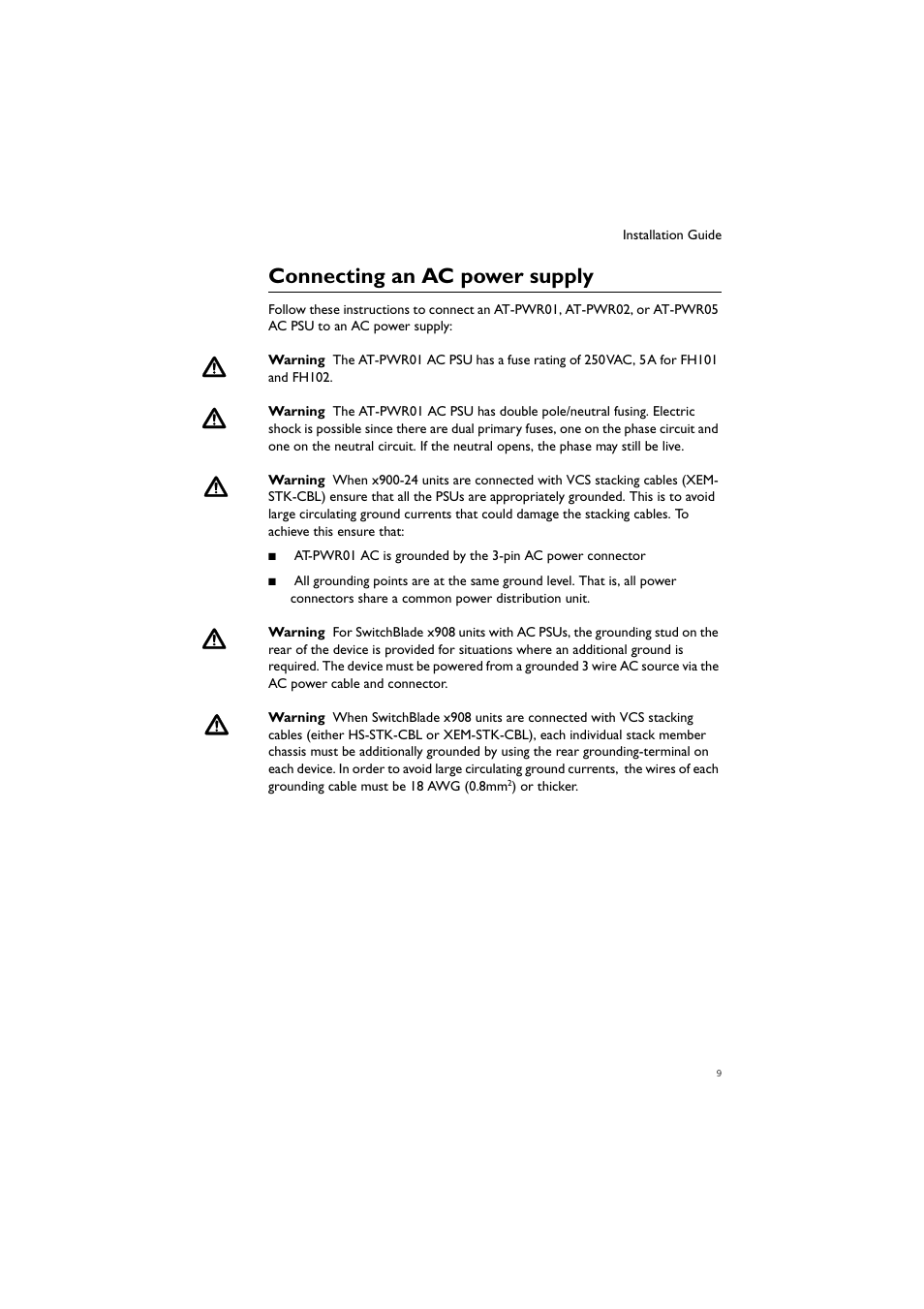 Connecting an ac power supply | Allied Telesis Removable Power Supply and Fan User Manual | Page 10 / 27