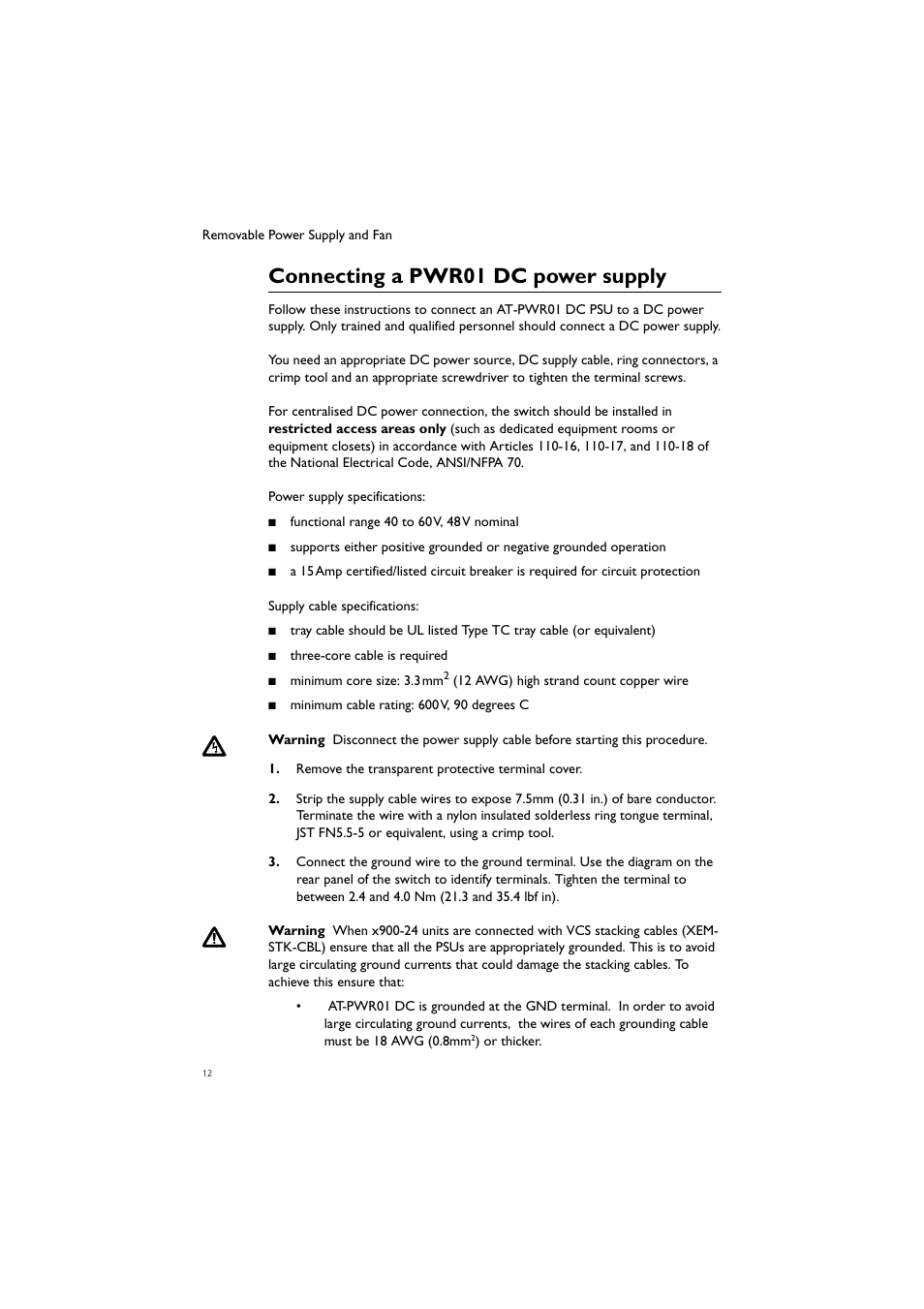 Connecting a pwr01 dc power supply | Allied Telesis Removable Power Supply and Fan User Manual | Page 13 / 27