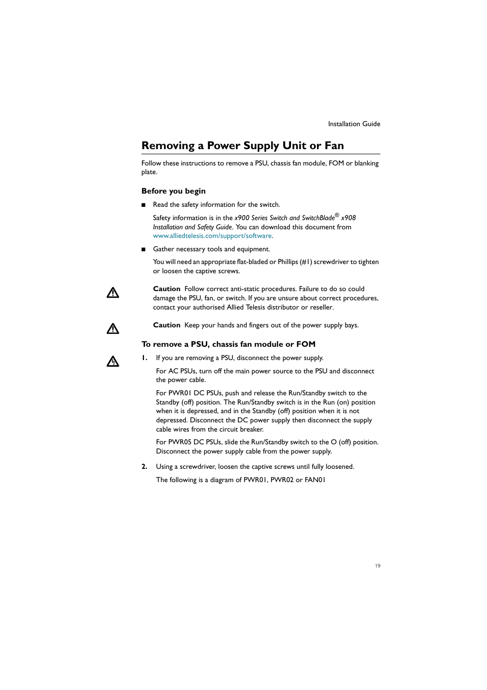 Removing a power supply unit or fan | Allied Telesis Removable Power Supply and Fan User Manual | Page 20 / 27