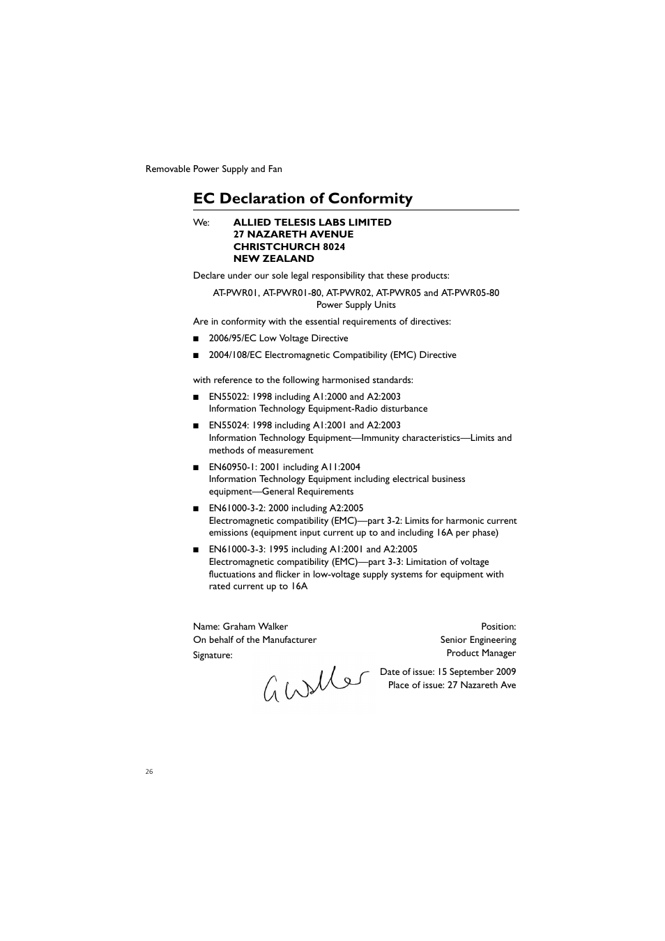 Ec declaration of conformity | Allied Telesis Removable Power Supply and Fan User Manual | Page 27 / 27
