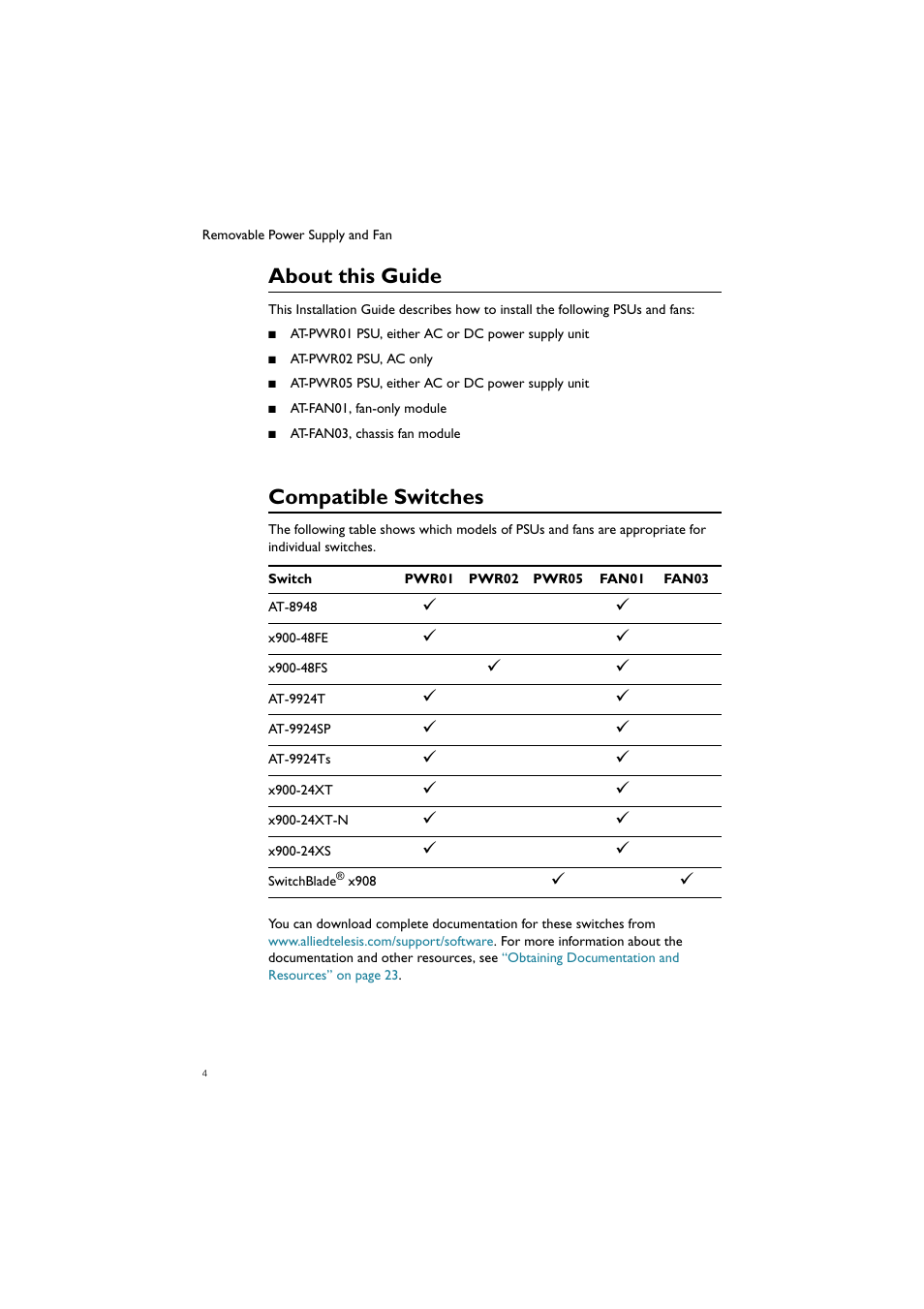 About this guide, Compatible switches | Allied Telesis Removable Power Supply and Fan User Manual | Page 5 / 27