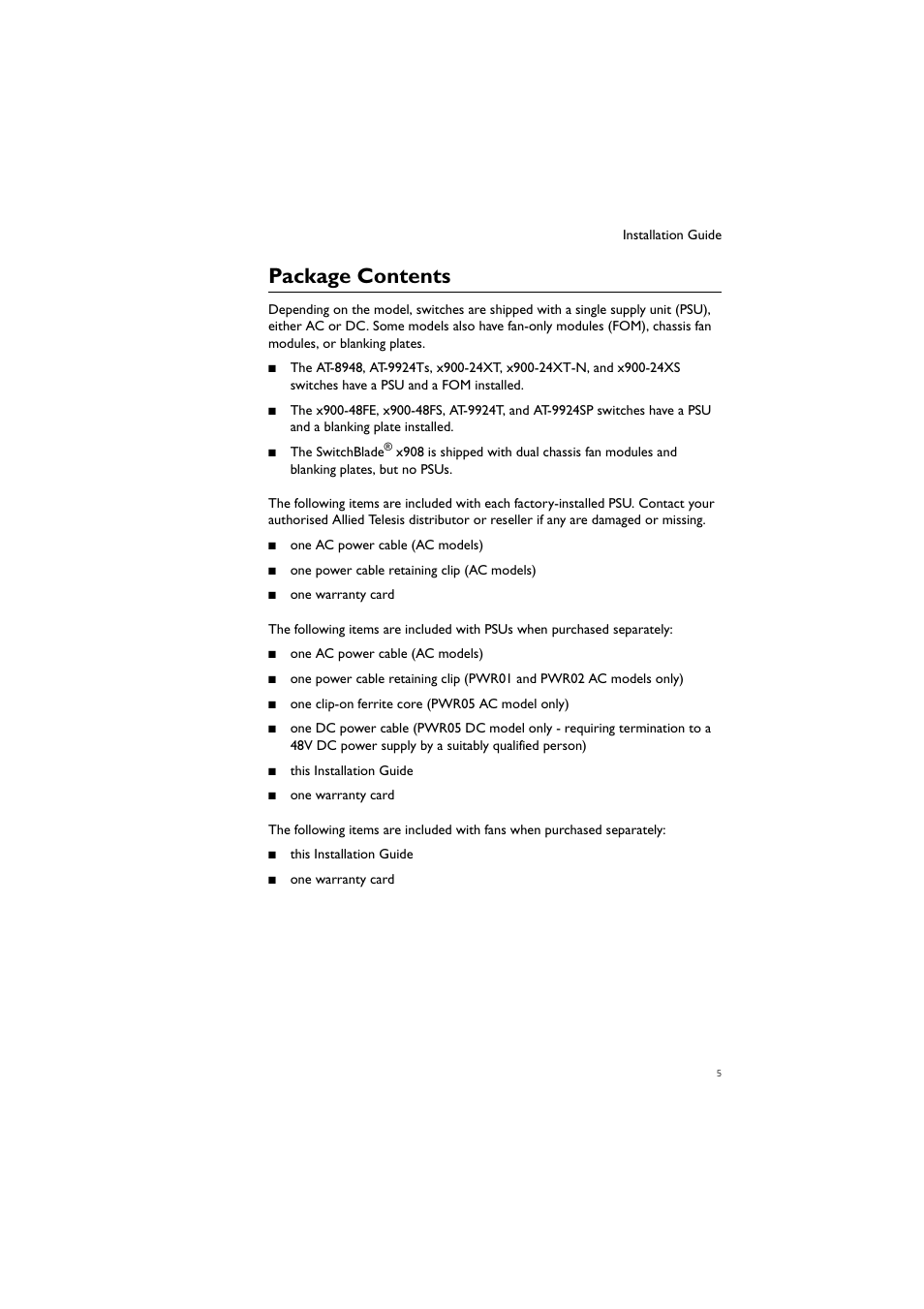 Package contents | Allied Telesis Removable Power Supply and Fan User Manual | Page 6 / 27
